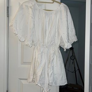 Off the shoulder white romper with Pearl detail